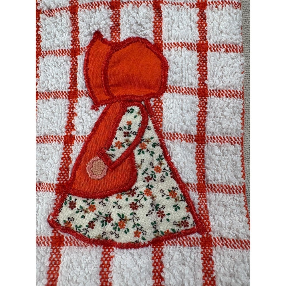 Vtg Cannon Kitchen Towels Set of (3) Sunbonnet Girl Applique Fringe Brown Orange - Picture 6 of 11